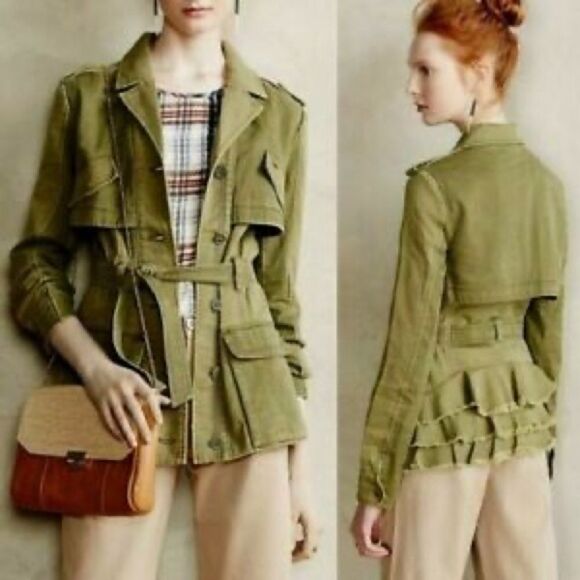 Anthro Hei Hei Olive Green Ruffled Utility Jacket - Picture 1 of 6